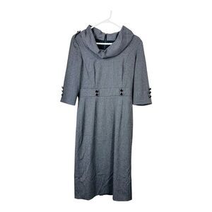 Womens Herringbone Sheath Lined Button Midi Dress Cowl Neck 3/4 Sleeve Gray 4